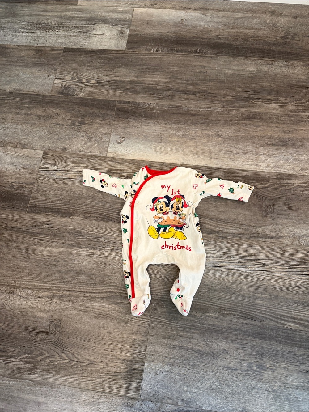 Primark Disney One-Piece 'My 1st Christmas' Cream & Red Footed Pajamas
